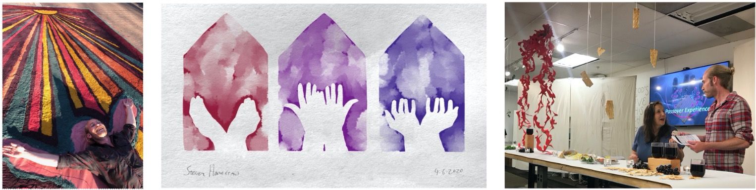 Examples of Steven Homestead's artwork and community engagement, with an Alfombras de Aserrin, a digital water color, and an experiential Passover