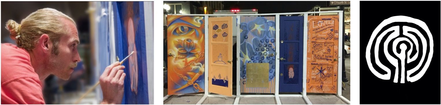 Examples of Steven's art including a picture of him painting, an image of the Doors project, and a sketch of a labyrinth.